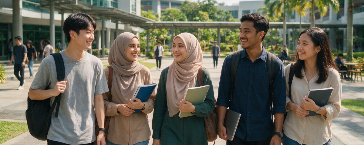 Diverse international students walking together across a sunny Malaysian university campus with books and backpacks.