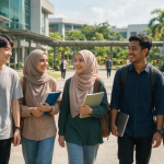 Diverse international students walking together across a sunny Malaysian university campus with books and backpacks.