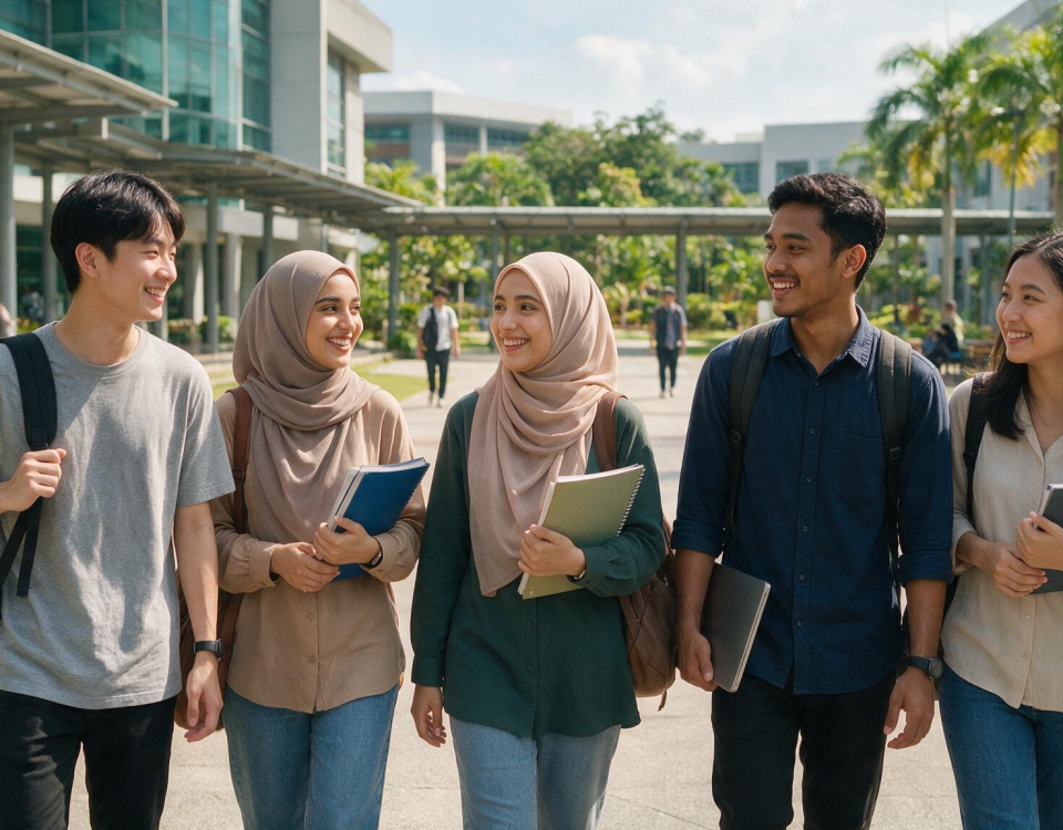 Diverse international students walking together across a sunny Malaysian university campus with books and backpacks.
