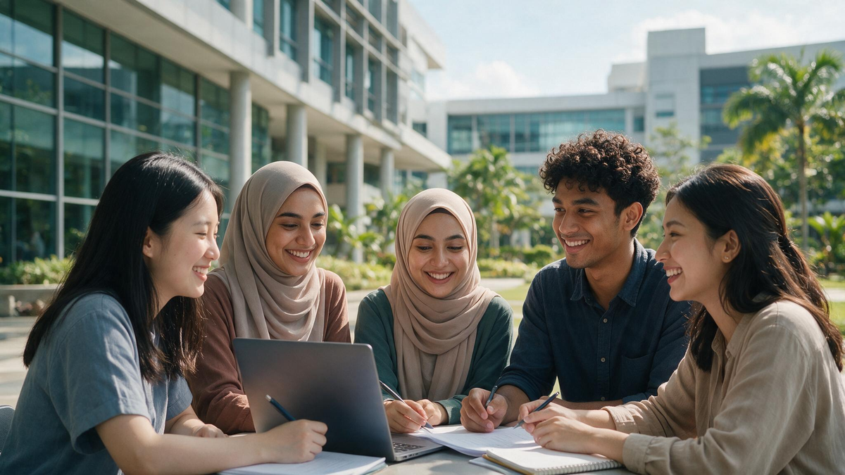 International students from diverse backgrounds collaborating around a laptop on a modern Malaysian university campus.