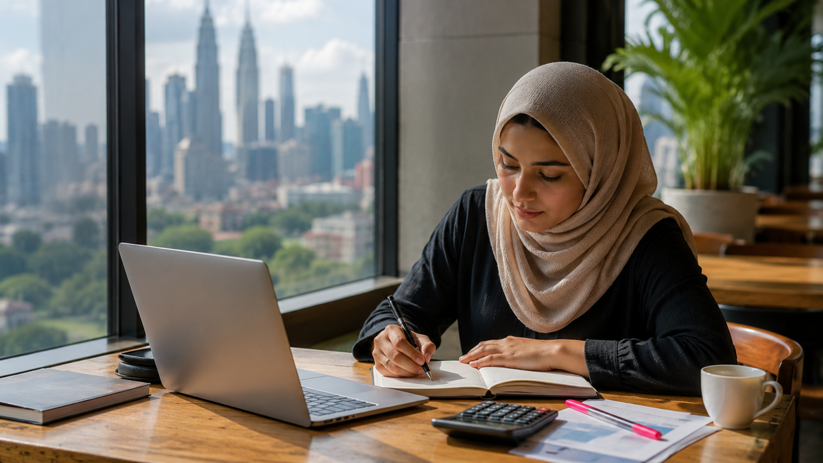 Middle Eastern student studying in Kuala Lumpur with a laptop, notes and city skyline visible through the window.