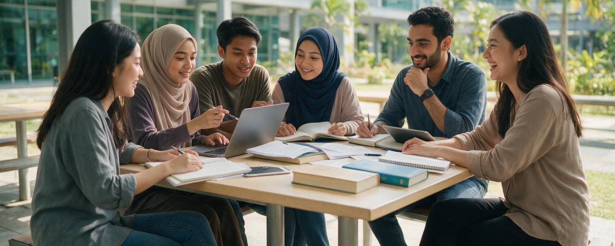 Diverse group of students studying together outdoors on a modern university campus in Malaysia.