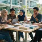 Diverse group of students studying together outdoors on a modern university campus in Malaysia.