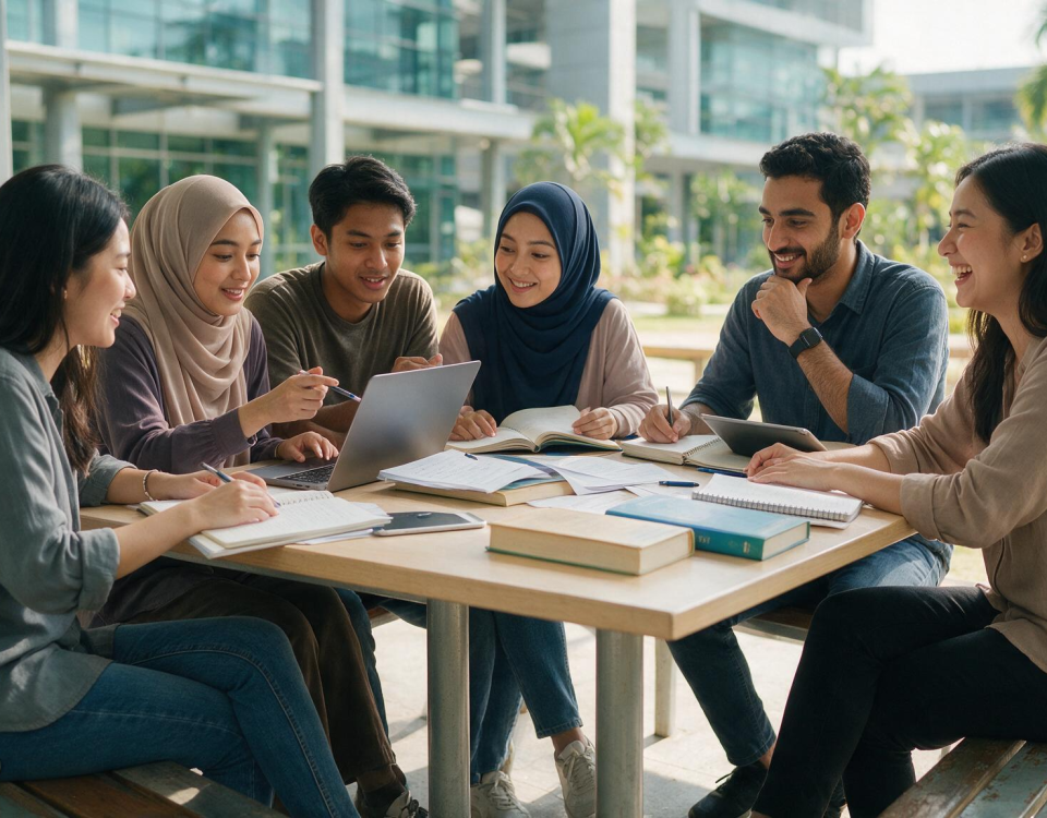 Diverse group of students studying together outdoors on a modern university campus in Malaysia.